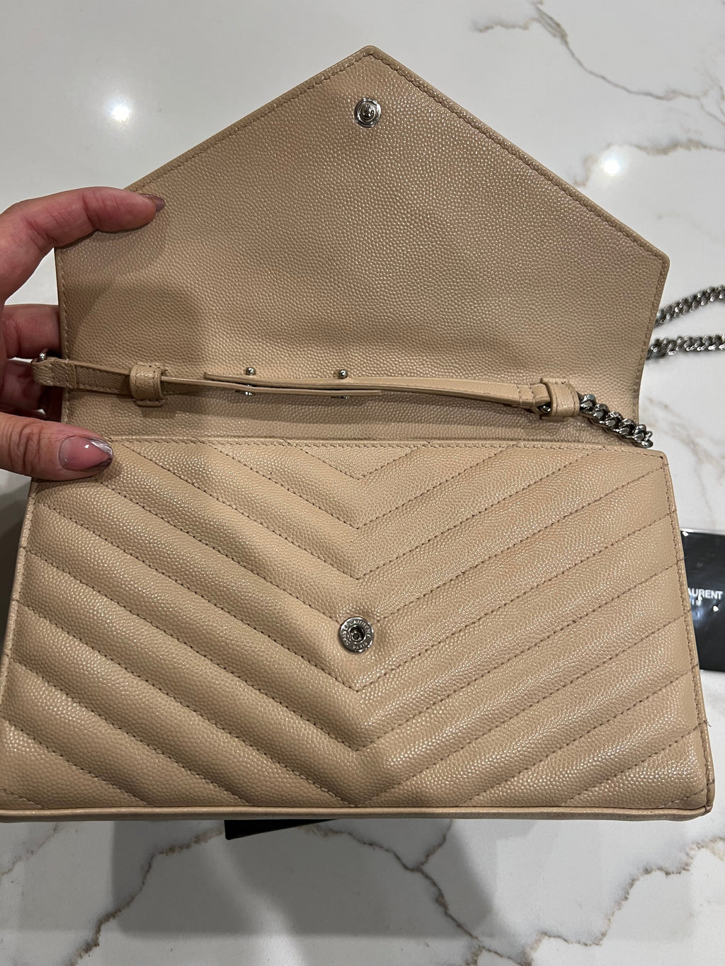 YSL Cassandre envelope flap beige crossbody bag