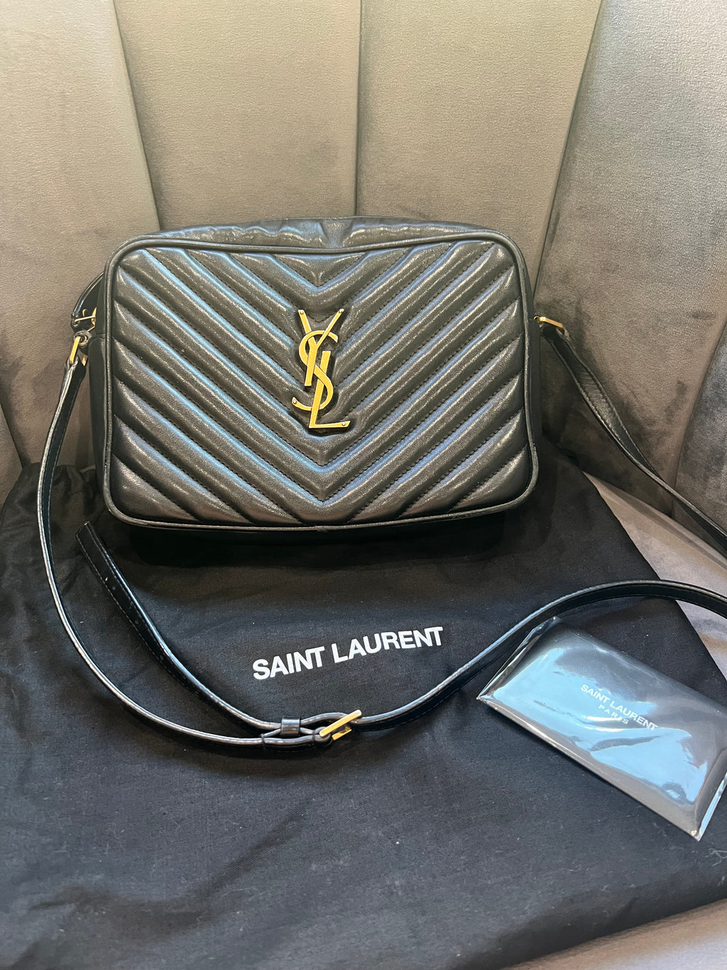 YSL camera bag quilted with gold hardware
