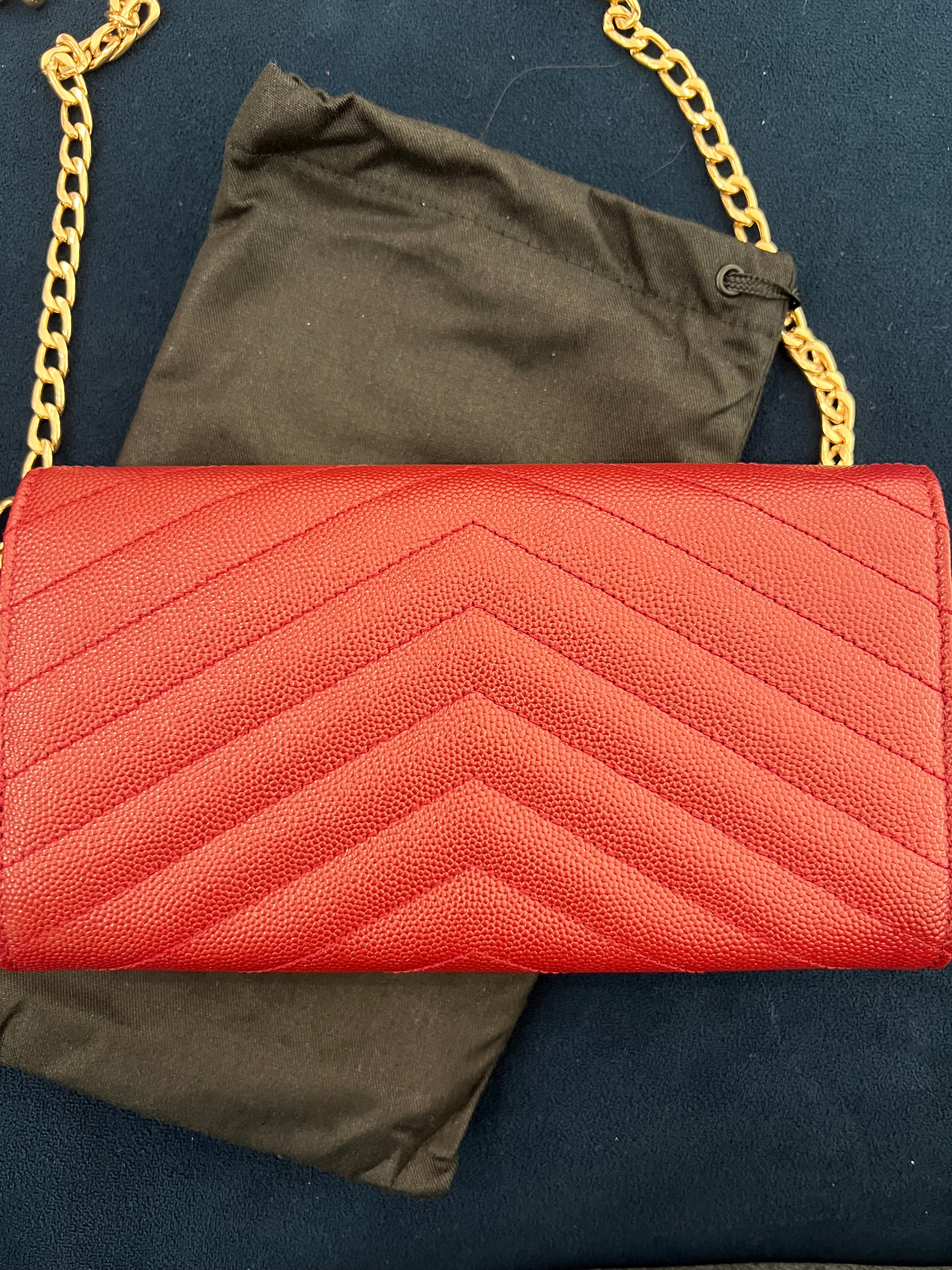 Saint Laurent Cassandre envelope flap red wallet on chain