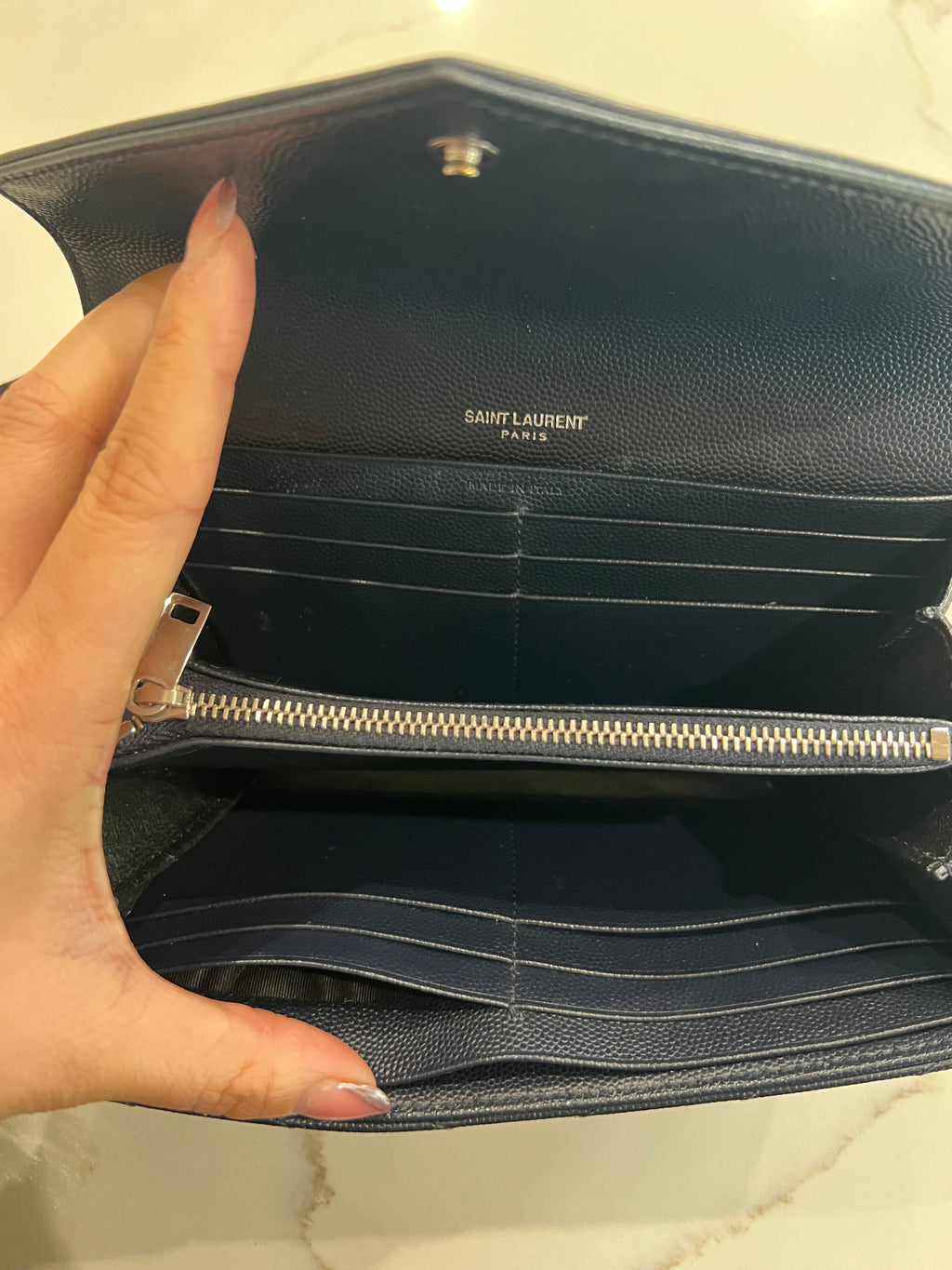 Saint Laurent cassandre envelope flap wallet on chain Navy