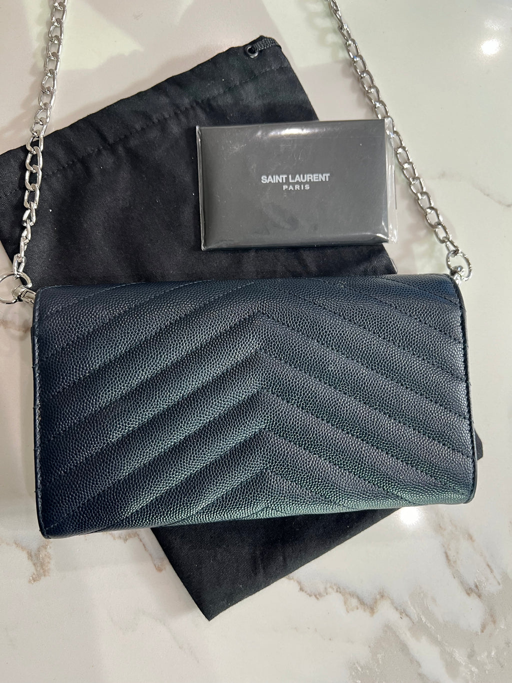 Saint Laurent cassandre envelope flap wallet on chain Navy