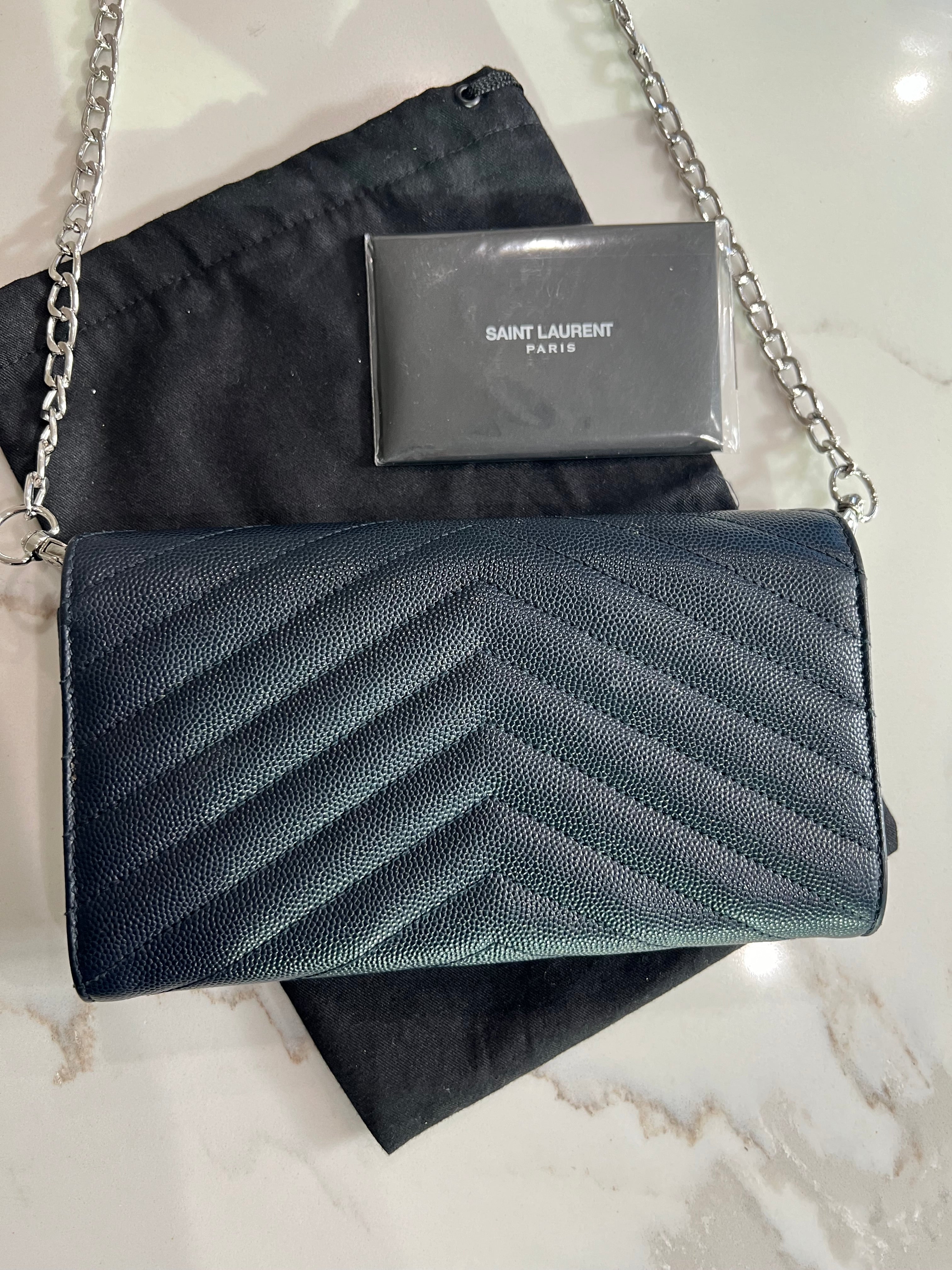 Saint Laurent cassandre envelope flap wallet on chain Navy