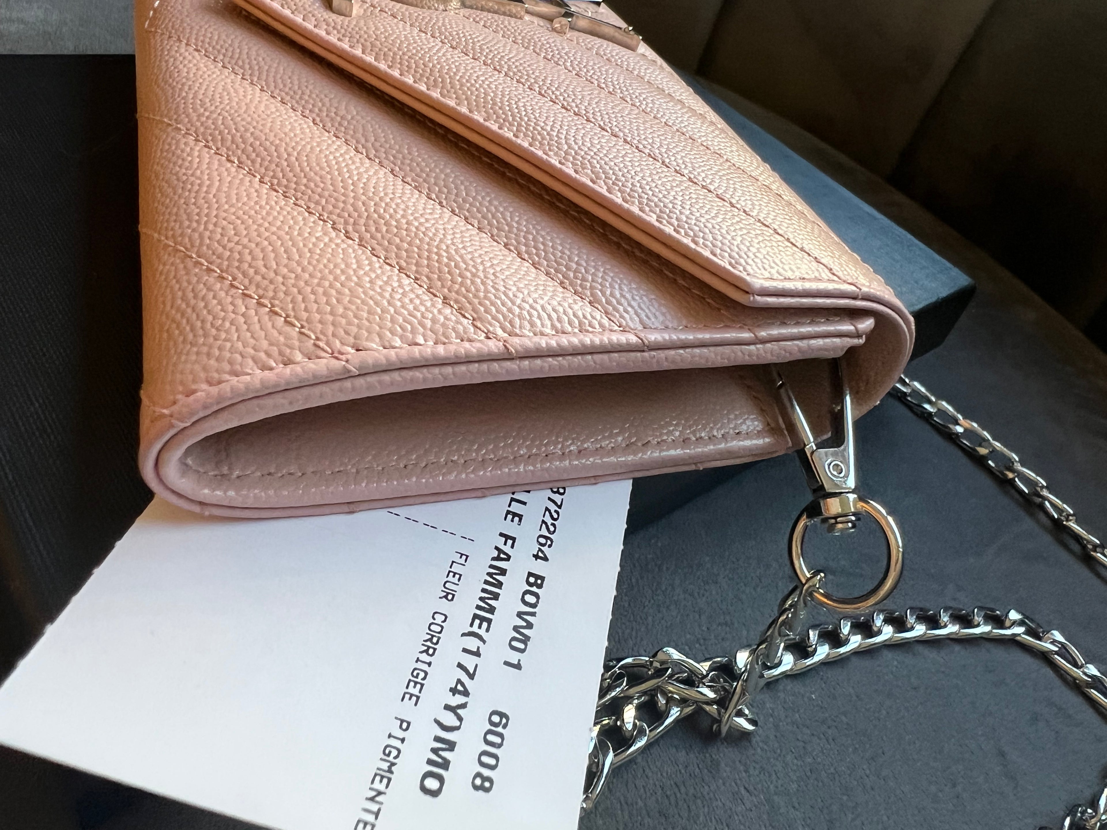 Pink YSL cassandre wallet on chain