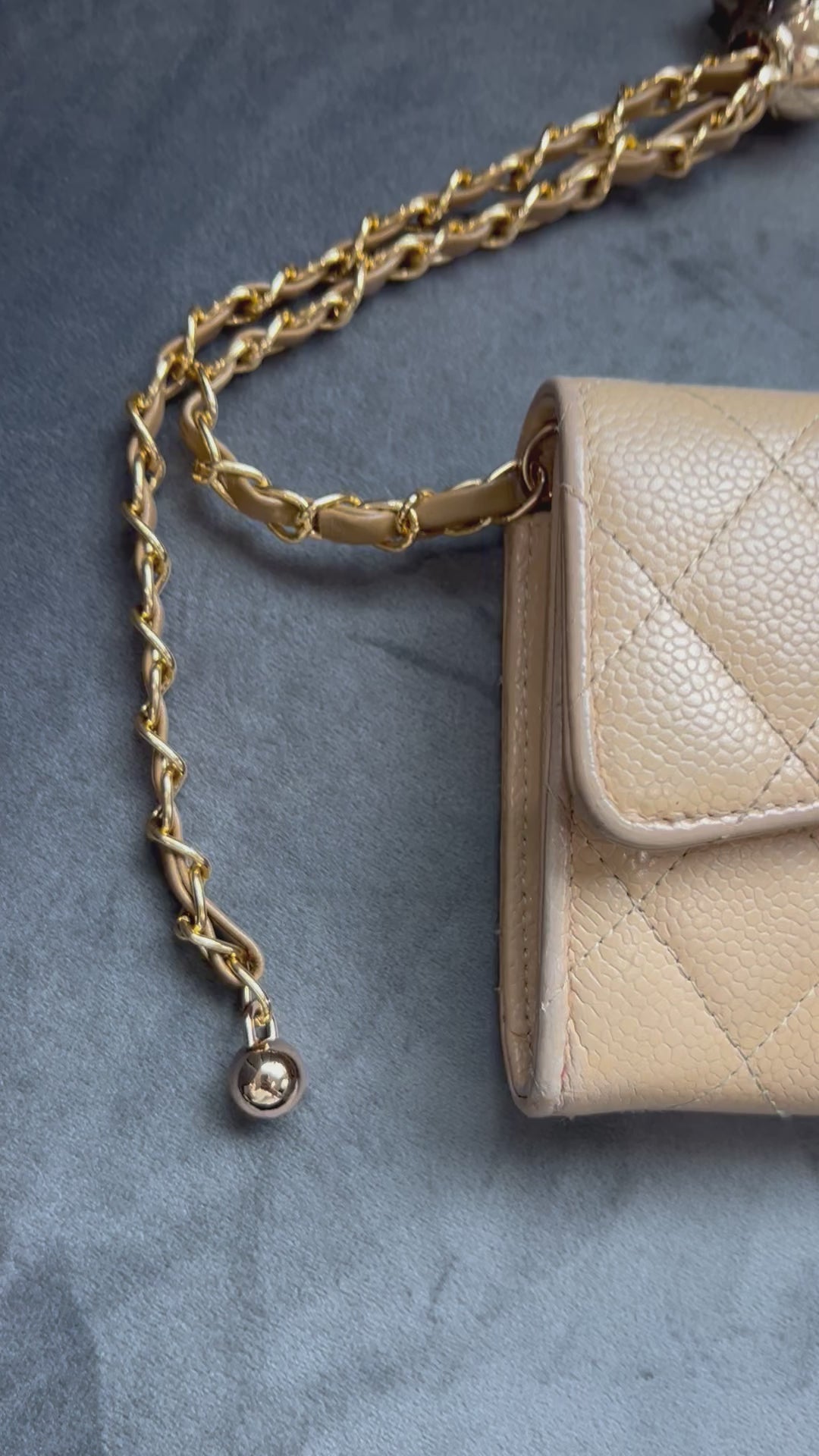 Chanel gusseted beige wallet on chain