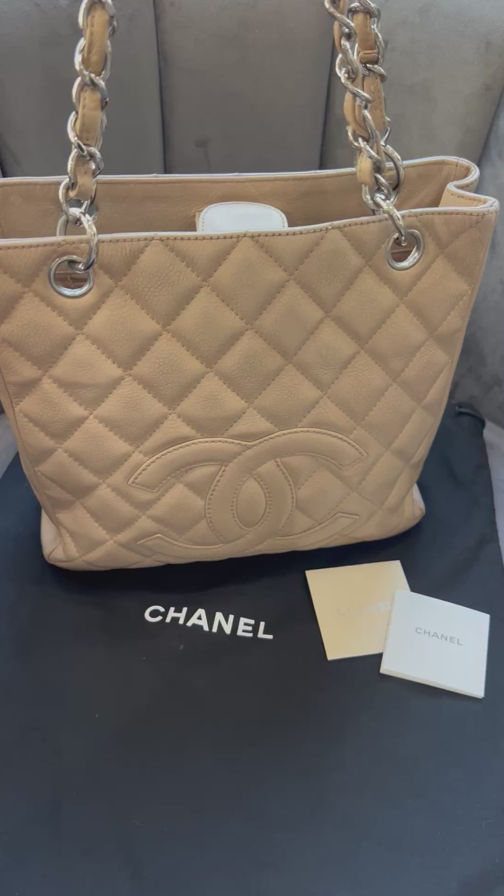 CHANEL Caviar Quilted Petite Shopping Tote PST beige