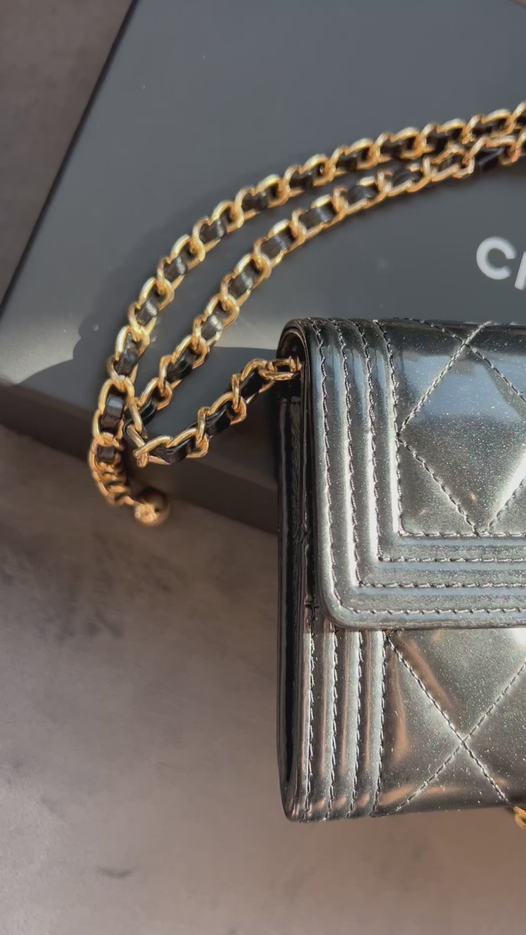 Chanel Boy Gusseted black wallet on chain