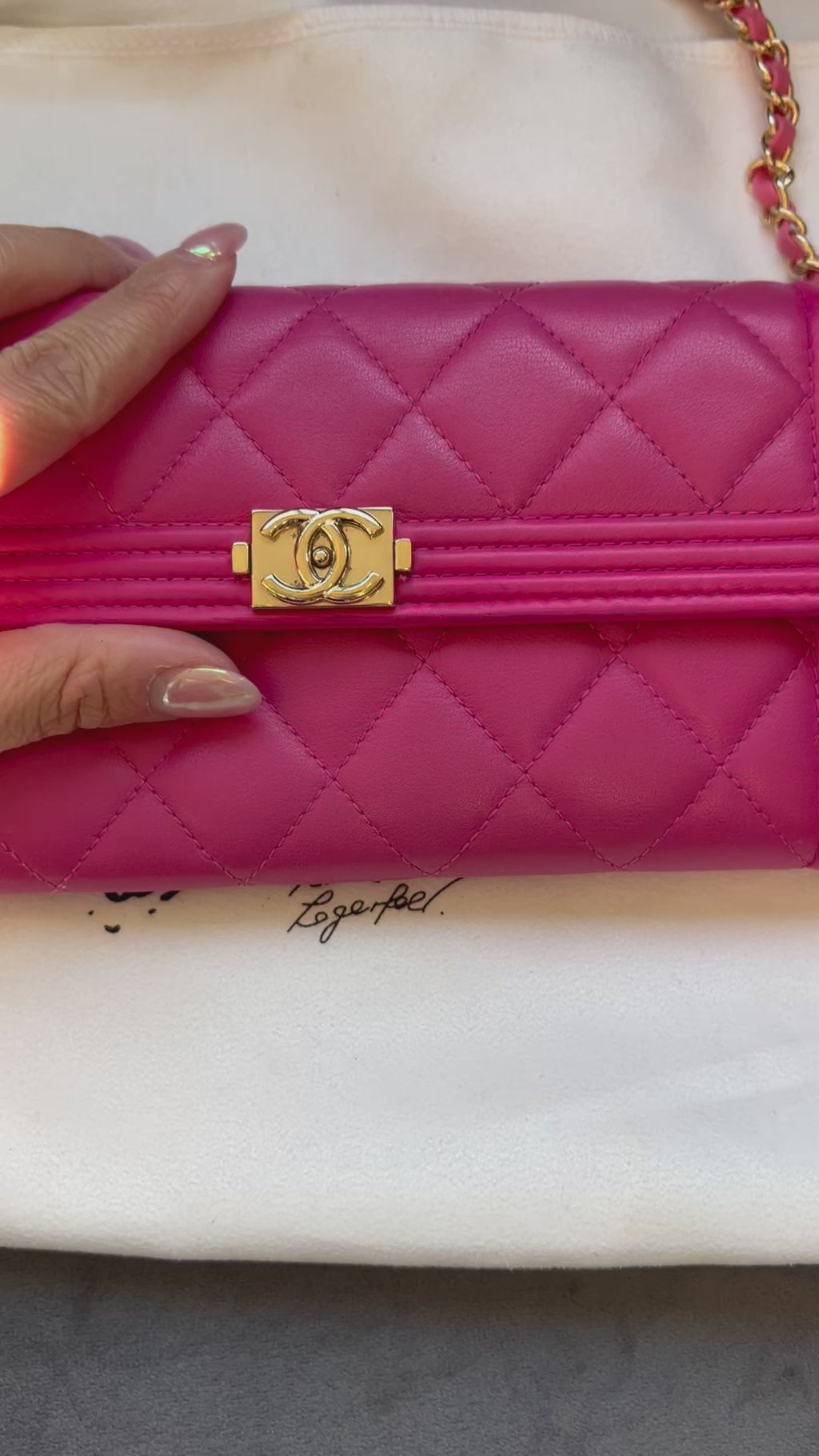 Pink Chanel Boy Gusseted wallet on chain