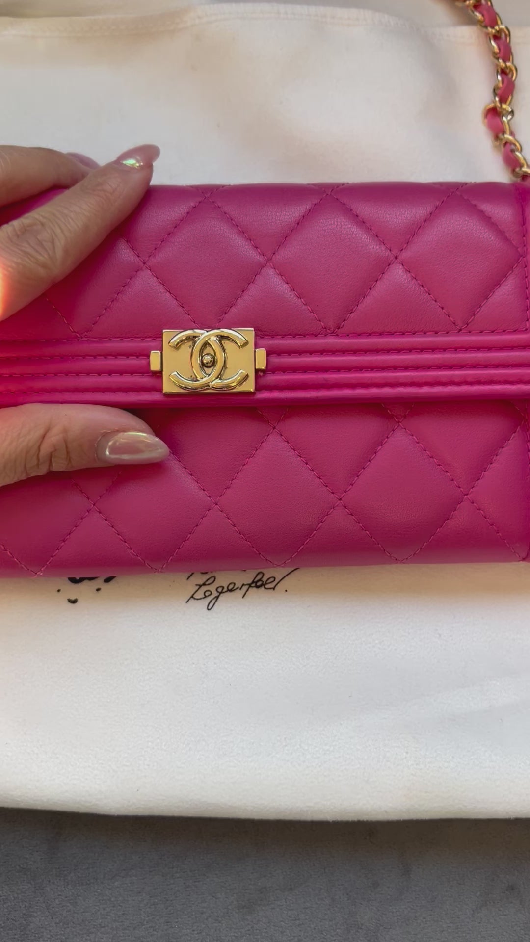 Pink Chanel Boy Gusseted wallet on chain