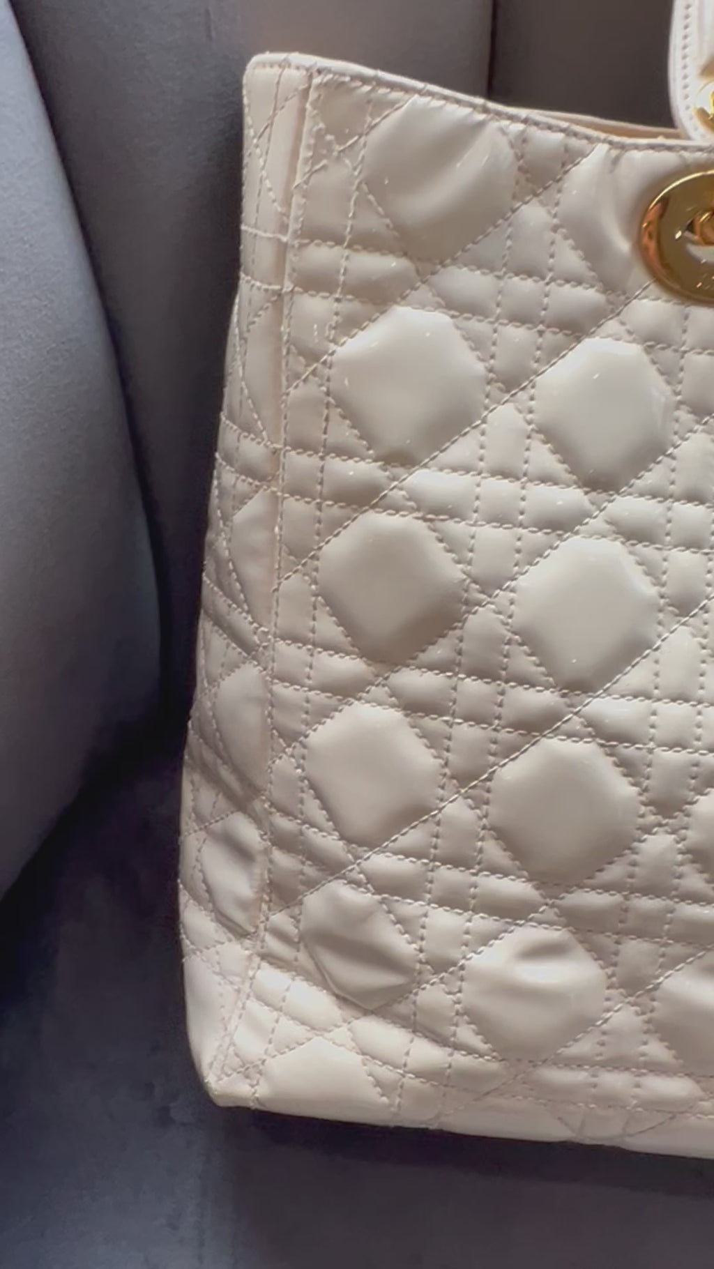 CHRISTIAN DIOR Patent Cannage Large Lady Dior Ivory