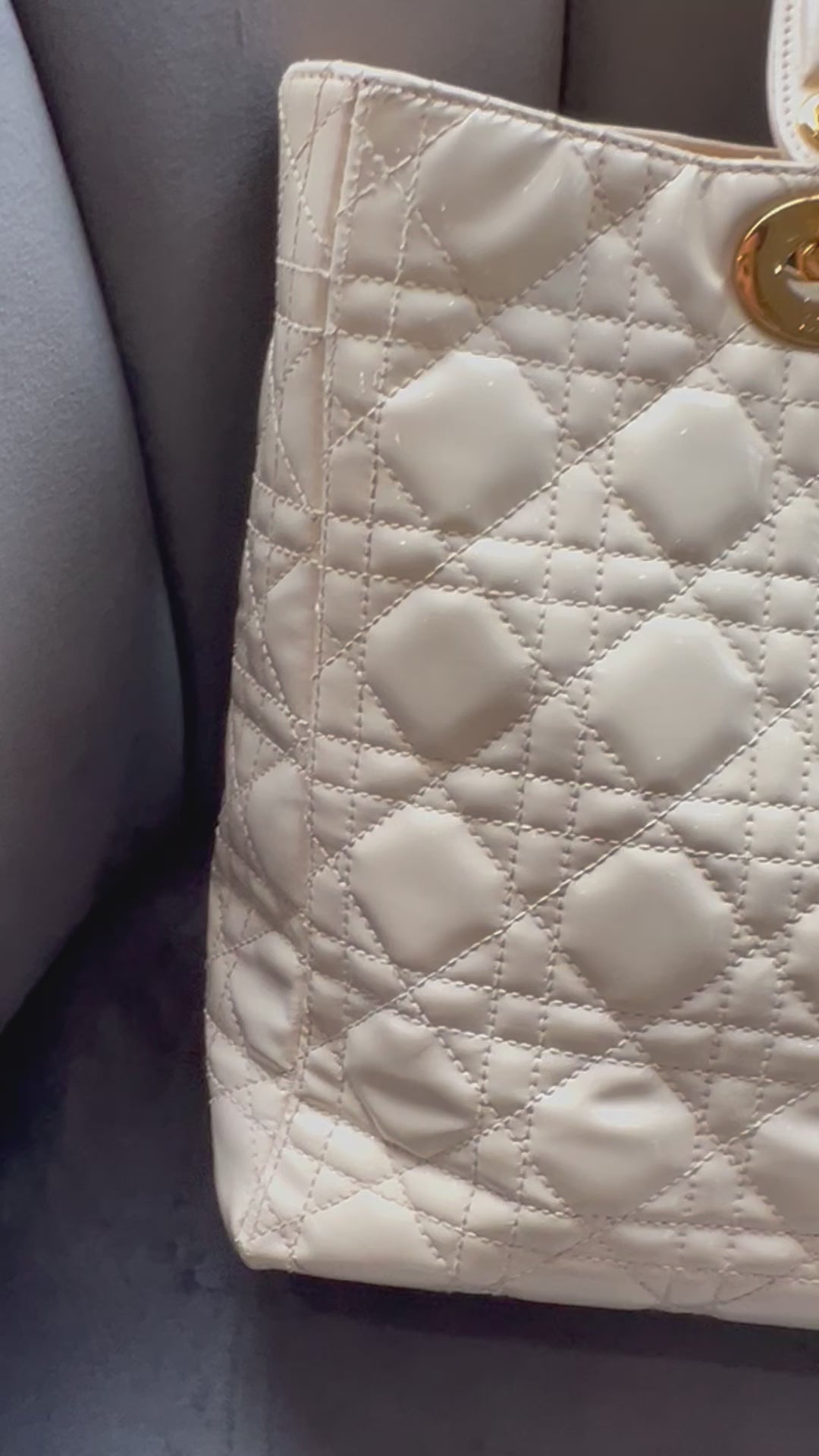 CHRISTIAN DIOR Patent Cannage Large Lady Dior Ivory