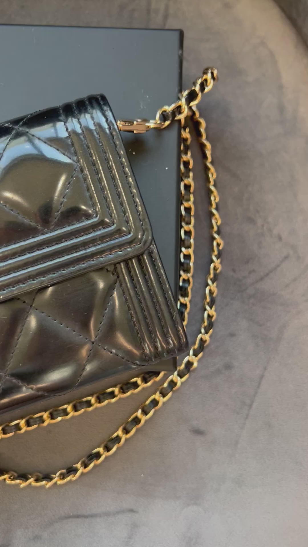 Chanel Boy Gusseted black wallet on chain