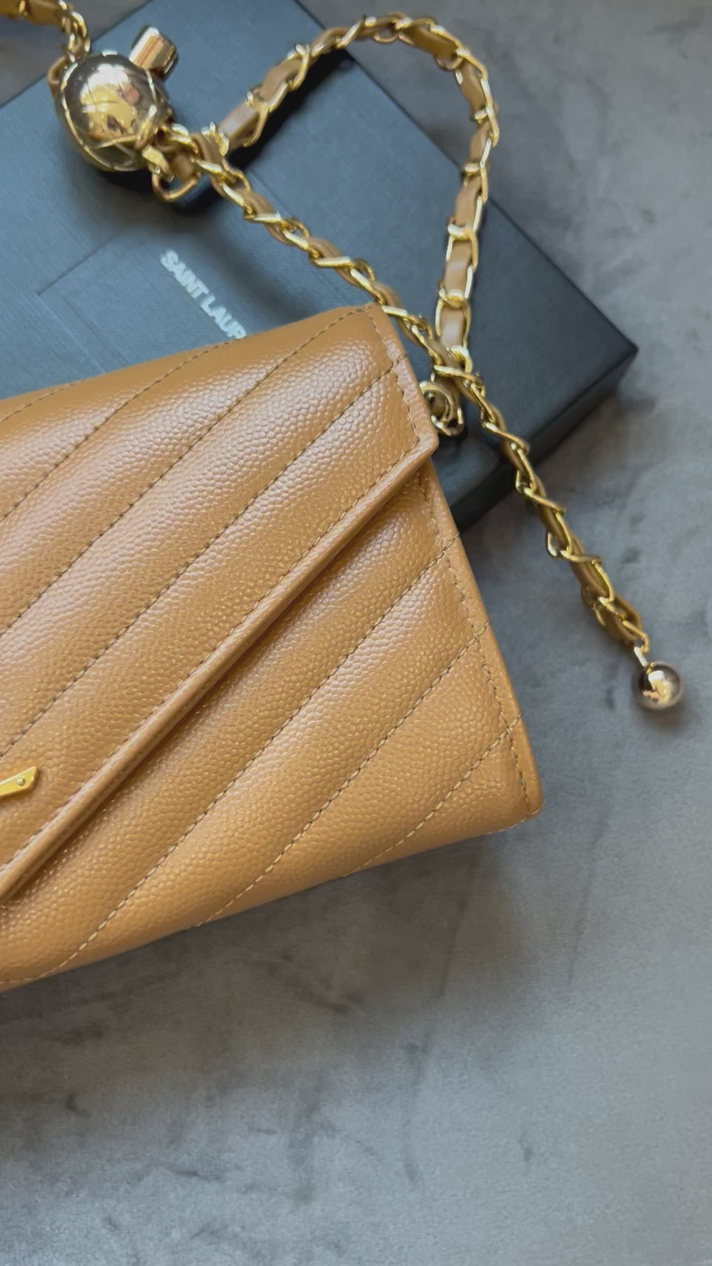 Saint Laurent Cassandre envelope flap brown wallet on chain