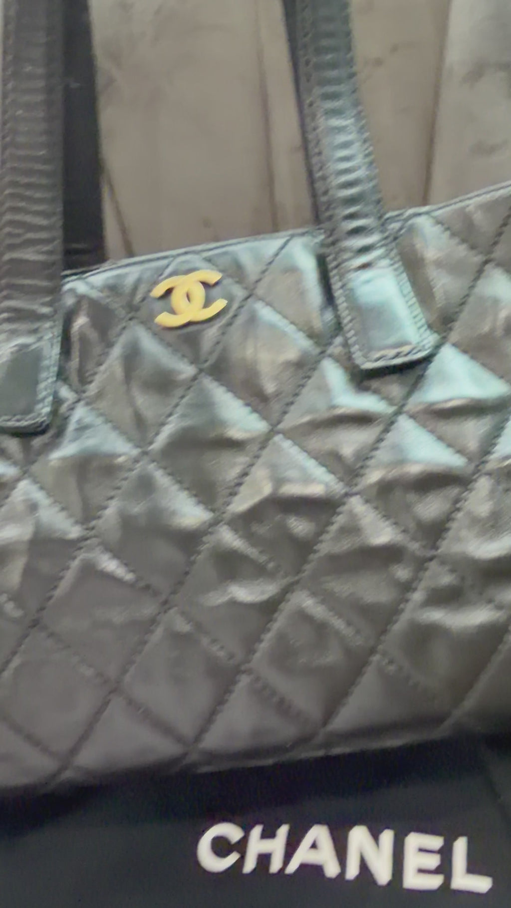 Vintage Chanel Shopper Tote Black Quilted with Gold Accent